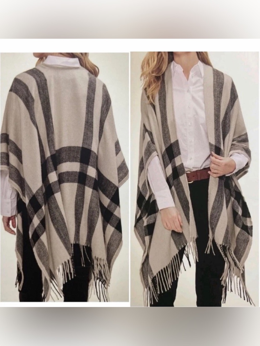Banana Republic Erin Plaid Wrap Cashmere Blend Fringe Cape Poncho Neutral OS